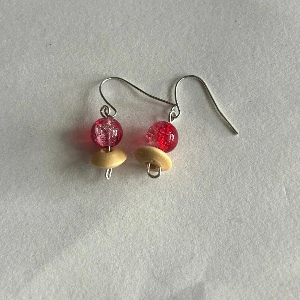 3/$20 Red and Tan Dual Crystal Beaded Silver Plated Dangling Drop Earrings